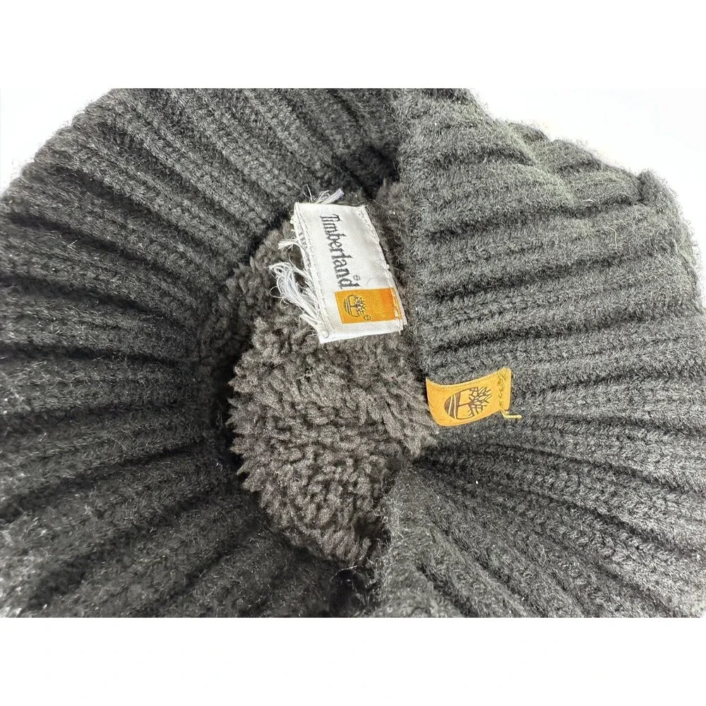 Timberland Hat Beanie Black Cable Knit Faux Fur Pom Fleece Lined Womens One Size